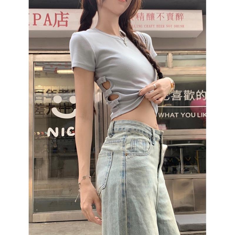 Women Light Blue Round Neck Short Sleeve Side Cutout Bow Decor Cropped Casual T Shirt S синий