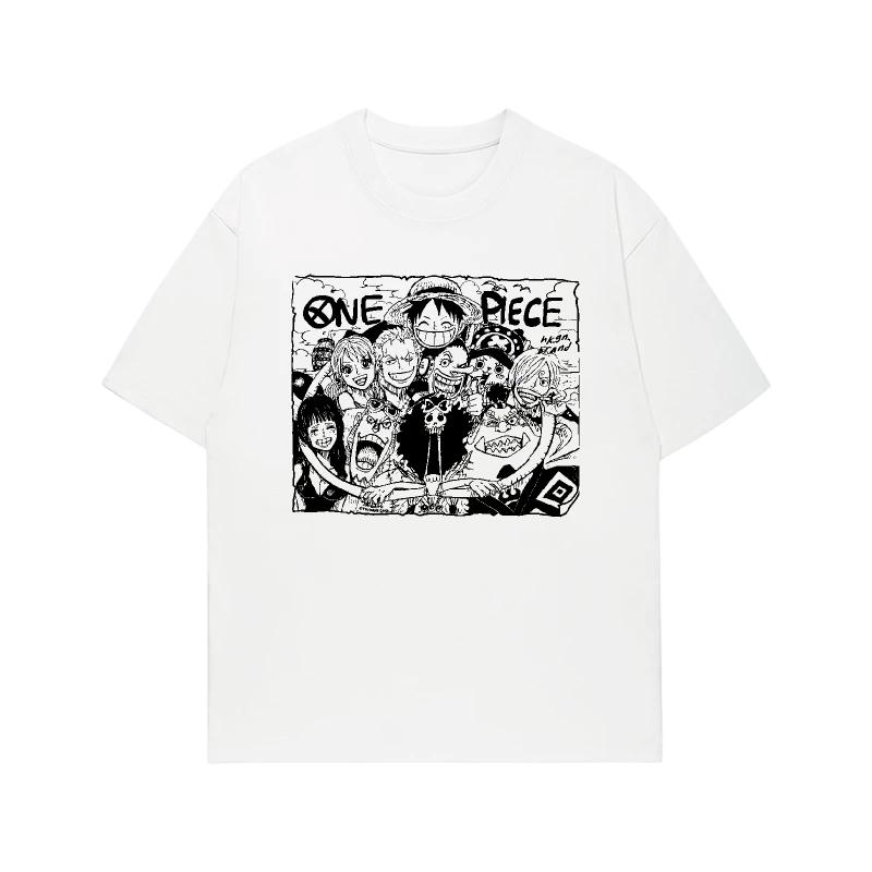 One Piece Straw Hat Crew Manga Sketch Retro TShirt Men Women Vintage Cotton Anime Tee Casual Loose Crew Neck Top