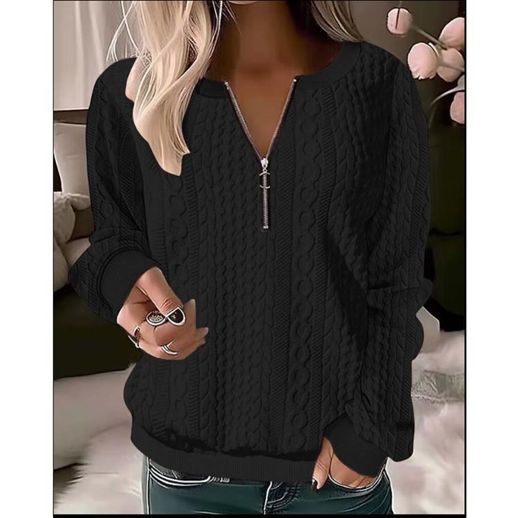 Women's Round Neck Blouse Quarter Zip Textured Knit Long Sleeve Pullover Sweatshrit