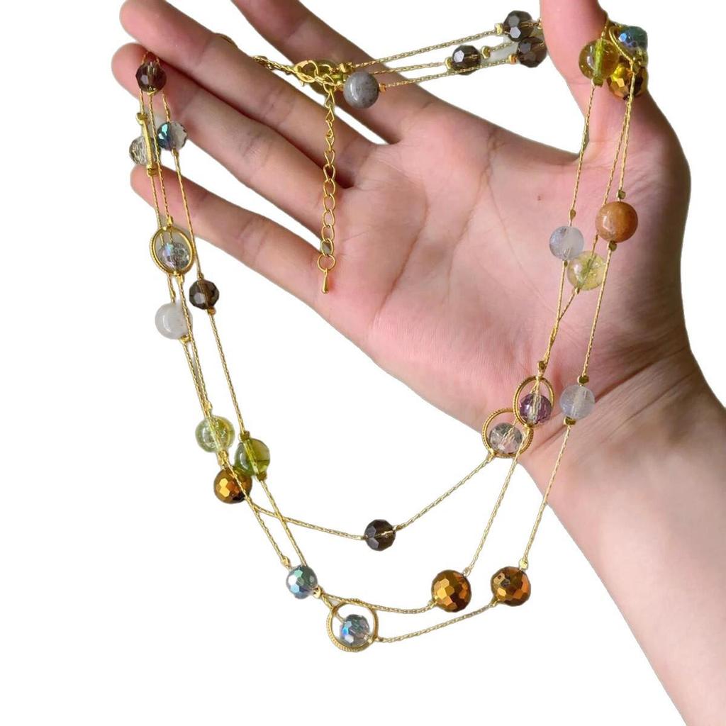 Chic Stone Glass Beaded Layered Necklace: High-End Sweater Chain Design for Women