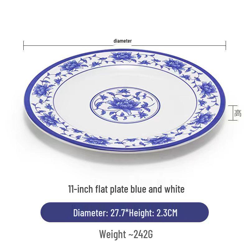 Blue & White Melamine Porcelain-Look Round Plate: Thickened, Durable for Stir-Fry, Rice, and Restaurant Use