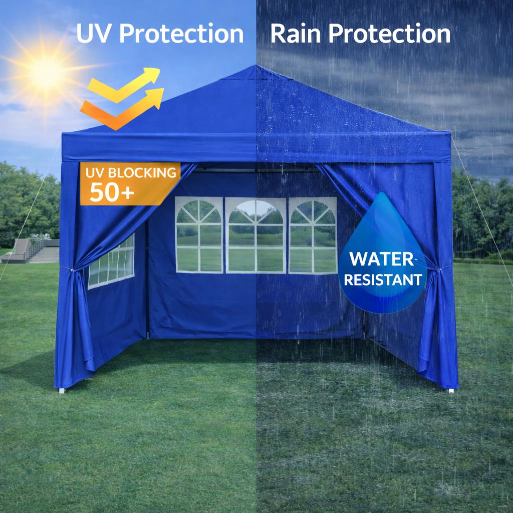 Gazebo Pieghevole 3 x 3 m, impermeabile, robusto e resistente all'inverno, con 4 pareti laterali e 4 sacchi di sabbia, protezione UV 50+, pieghevole, telaio in acciaio (blu)