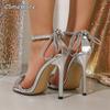 Silver Rhinestone Bowknot Women's Stiletto Sandals Ankle Strap Fashion High Heels for Ladies Trendy Female Party Dress Shoes