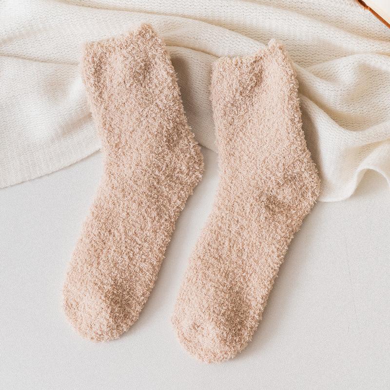 Autumn and Winter Half-fleece Socks, Coral Fleece Women's Solid Color Socks, Thickened Warm Mid-calf Socks, Postpartum Socks, Floor Socks
