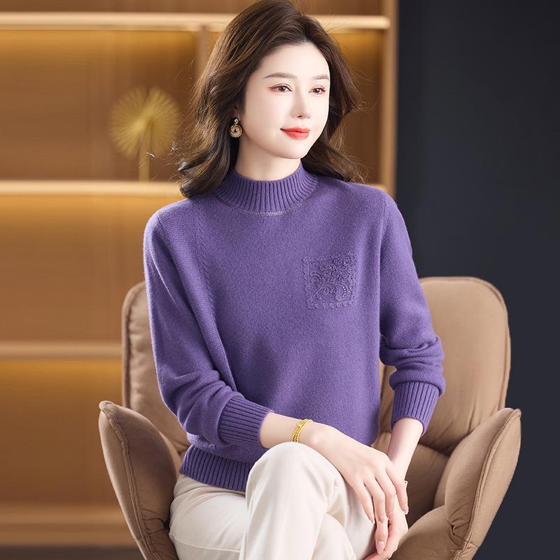 100% reine Schurwolle Damen Pullover mit halbem Stehkragen - Warme Strick-Basisschicht für mittlere und ältere Menschen