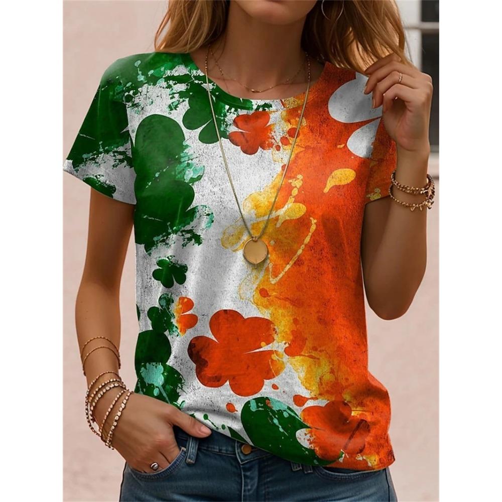T-shirt à Manches 3/4 Femme Col En V Motif Trèfle Vert Porte-Bonheur - Pull Irlandais Décontracté Et Confortable