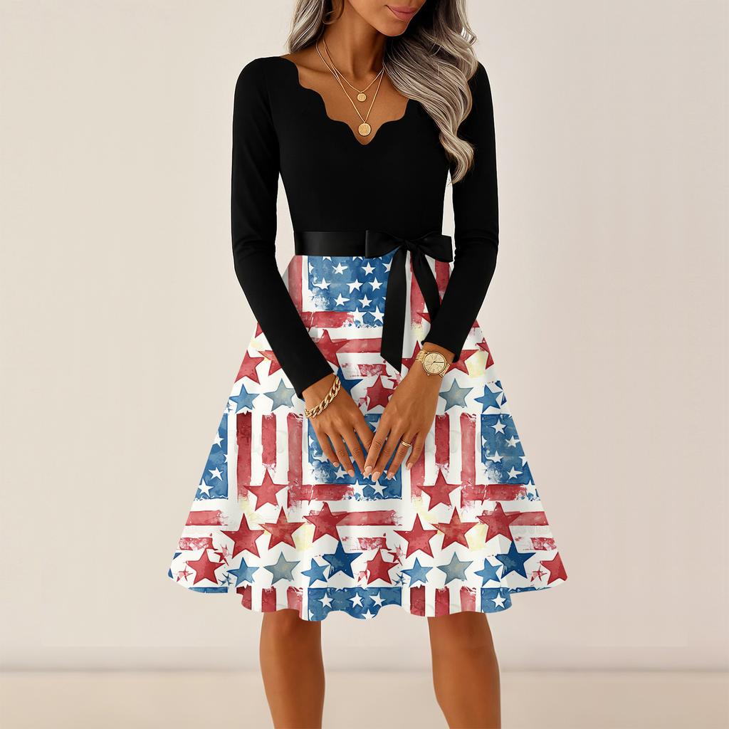 Ladies' casual and fashionable V-neck long sleeved retro independent day print retro dress