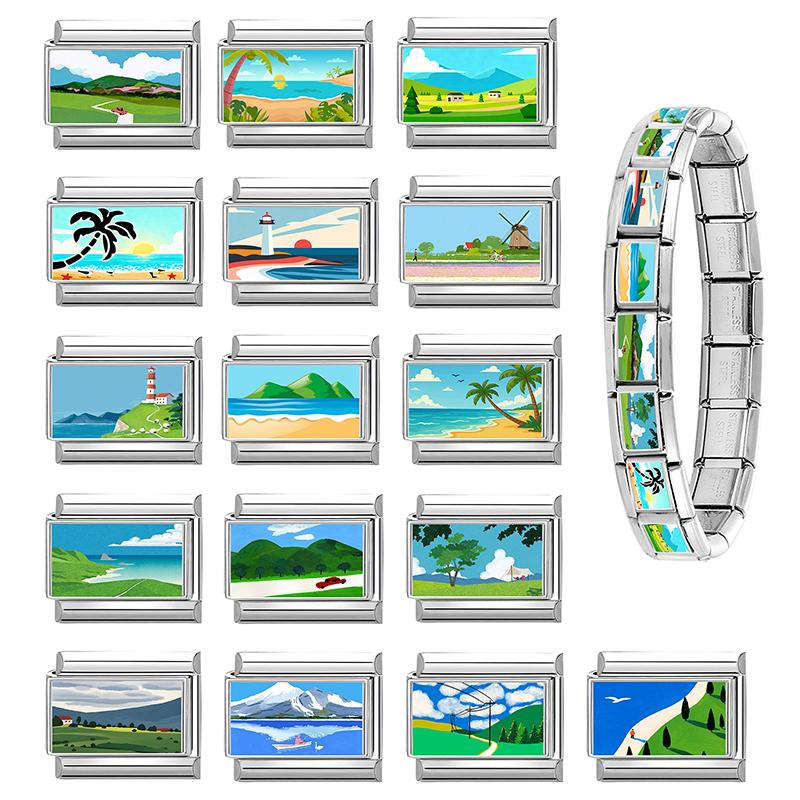 New Green Scenery Series Sunset Sea Lighthouse Italian Charm Links Fit 9MM Stainless Steel Bracelet Women Men DIY Making Jewelry