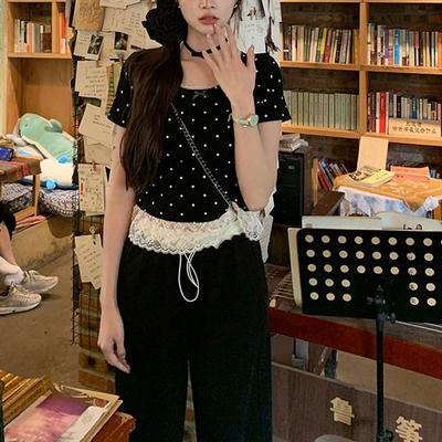 Pull à Pois et Nœud pour Femmes Patchwork de Dentelle Été Mince Manches Courtes Style Français Doux Col Rond Nouveaux