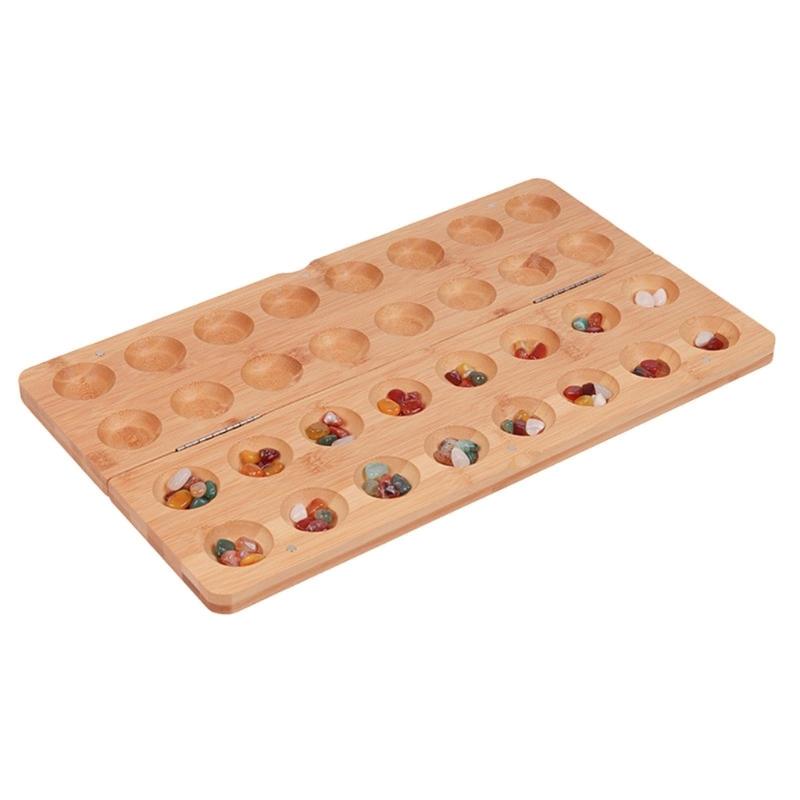 Mancala Normal Strategy Board Game Foldable Wooden Set With 65 Rockss Portable For Family