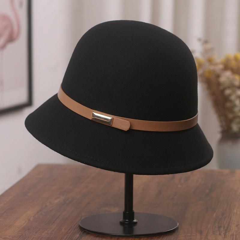 Hat women's autumn and winter new woolen woolen basin hat British retro decorative top hat simple and small bucket hat