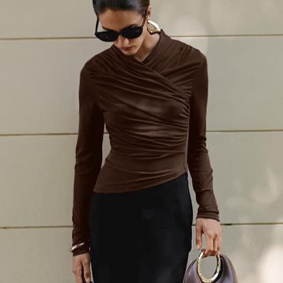 Atmosphere autumn and winter brown versatile bottoming shirt women's design sense European and American new pleated long-sleeved slim-fit top