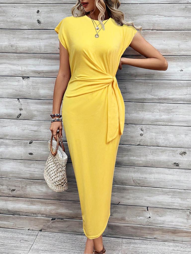 2025 Elegant Striped Short Sleeve Round Neck Waist Tie Summer Dress for Women