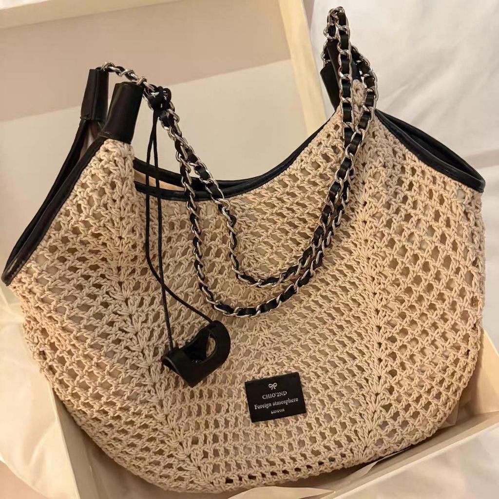Handmade Southern-Style Cotton Rope & Straw Tote Bag - 2025 Summer Versatile Shoulder Bag for Women