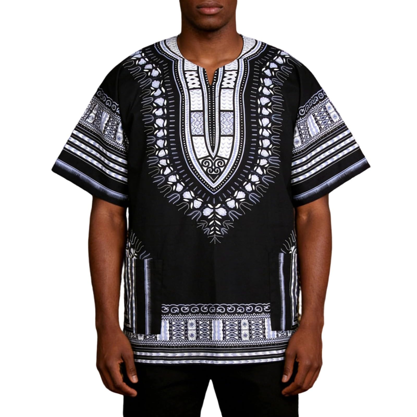 Hibaby1 Traditioneel losvallend Dashiki overhemd voor heren met geometrische tribale print Korte mouw Pullover Etnische top voor dagelijks gebruik XL zwart