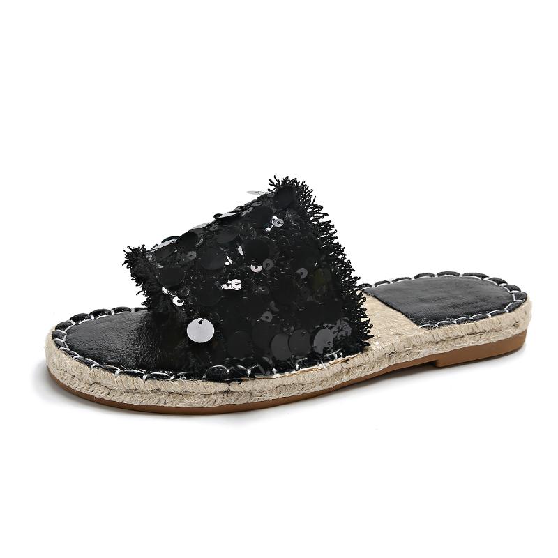 

Fashion Summer Flat Sandals New Style Round Head Open Toe Glitter Cloth Braided Soft Sole Anti-slip Wear-resistant Slippers 40 чёрный