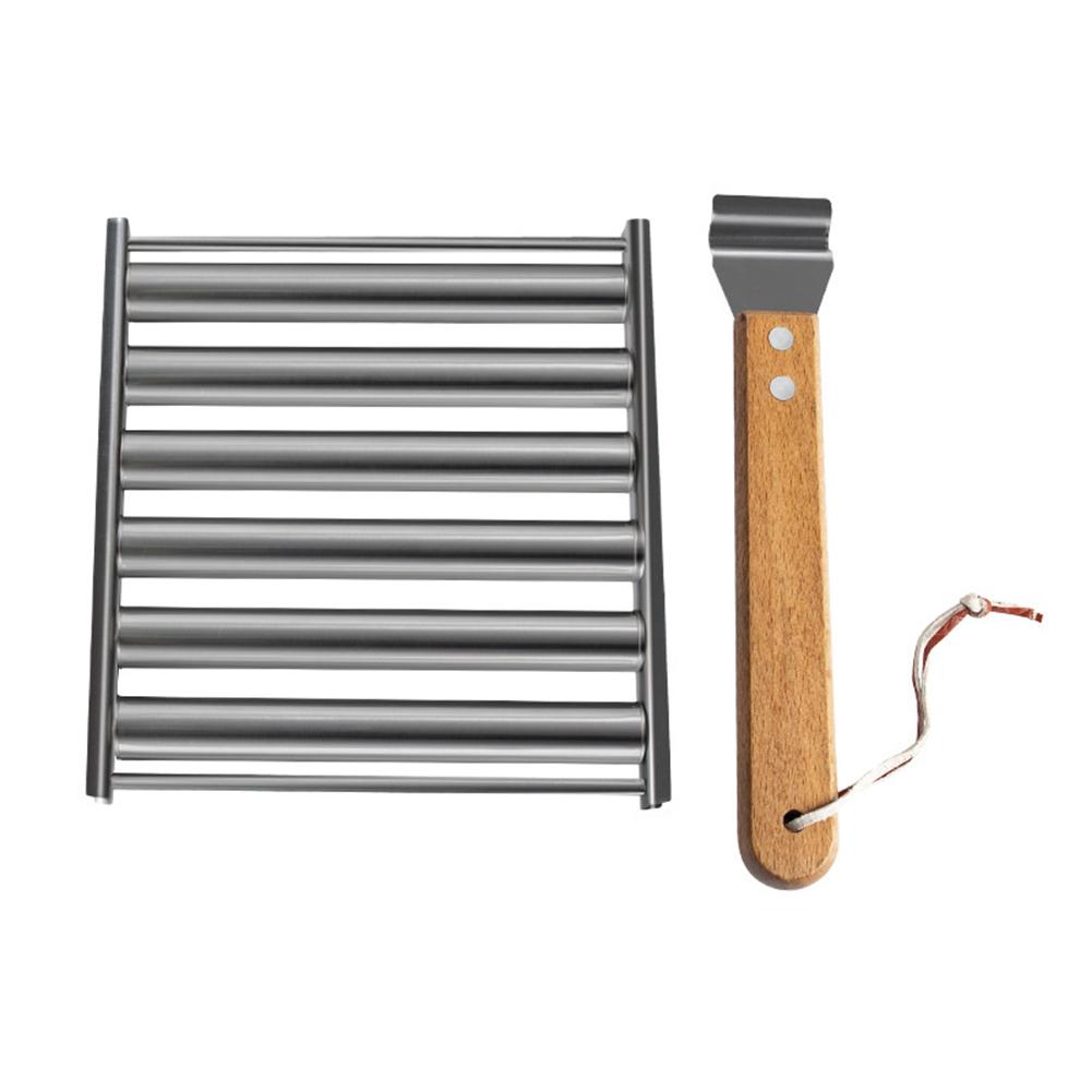 Stainless Steel Hot Dog Roller with Long Wood Handle Sausage Roller Rack BBQ Griller for Outdoor Cooking Barbecue