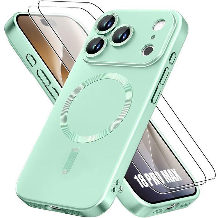 Coque + 2 Verres Trempés pour iPhone 18 Pro Max, Protection Silicone avec Cercle Magnétique Vert