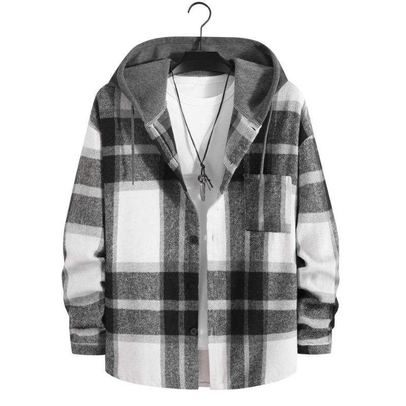 Men S Casual Loose Long Sleeve Hooded Plaid Flannel Shirt Jacket