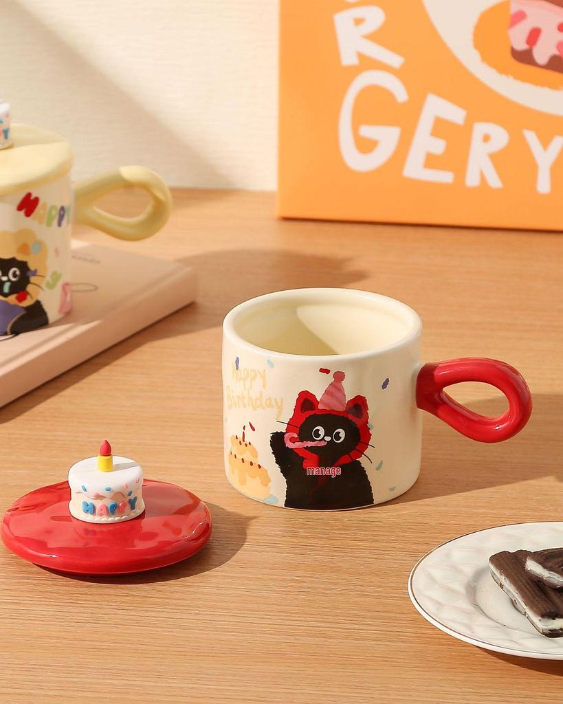 Birthday Cat Ceramic Mug - Cute Cake Design Coffee Cup Souvenir Gift