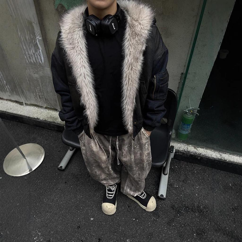 Jaquetas Acolchoadas Masculinas Moda Denim Lã com Capuz Desgastadas Zíper Patchwork Soltas Inverno Roupa Masculina Estilosa