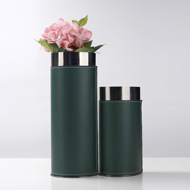 Modern Light Luxury Woven Leather Flower Utensils Model Room Living Room Dining Room Tabletop Dried Flower Cylindrical Vase Decoration Ornaments