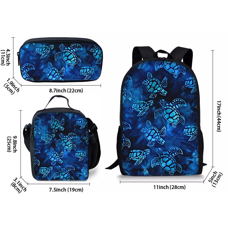 Schildkrötenmuster Dreiteiliges Rucksäcke Set für Jungen und Mädchen Beste Geschenke 2D Flacher Cartoon Schulrucksack für Kinder