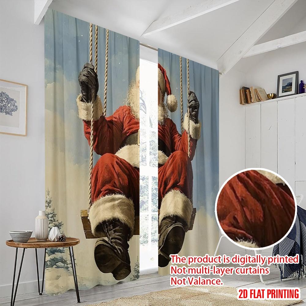 2pcs,2D Plane Printing Curtains Happy Santa Claus On Swing Versatile Durable Polyester (without Rod) Gifts for Bedroom and