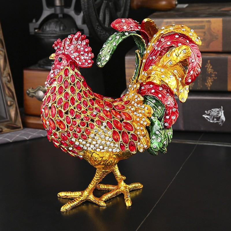 Hand-Painted Aluminum Rooster Jewelry Box With Rhinestone Decor Red Collectible Ornament Home Office Gift