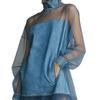 Urban Minimal Denim Dress,Women Summer Slimming Mini Dress with Lantern Sleeves Fake Collar Splicing