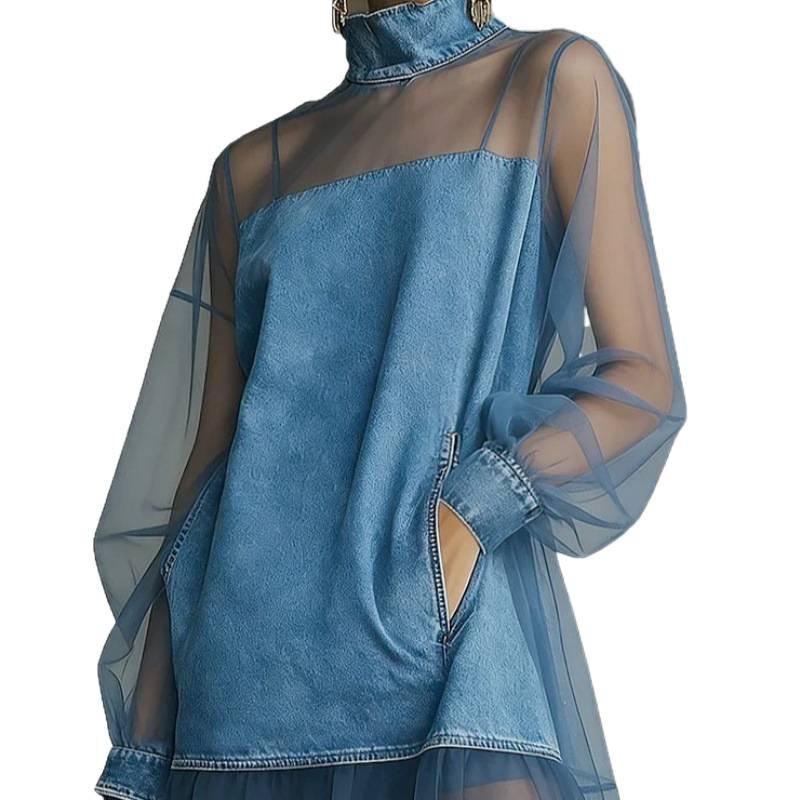 Urban Minimal Denim Dress,Women Summer Slimming Mini Dress with Lantern Sleeves Fake Collar Splicing