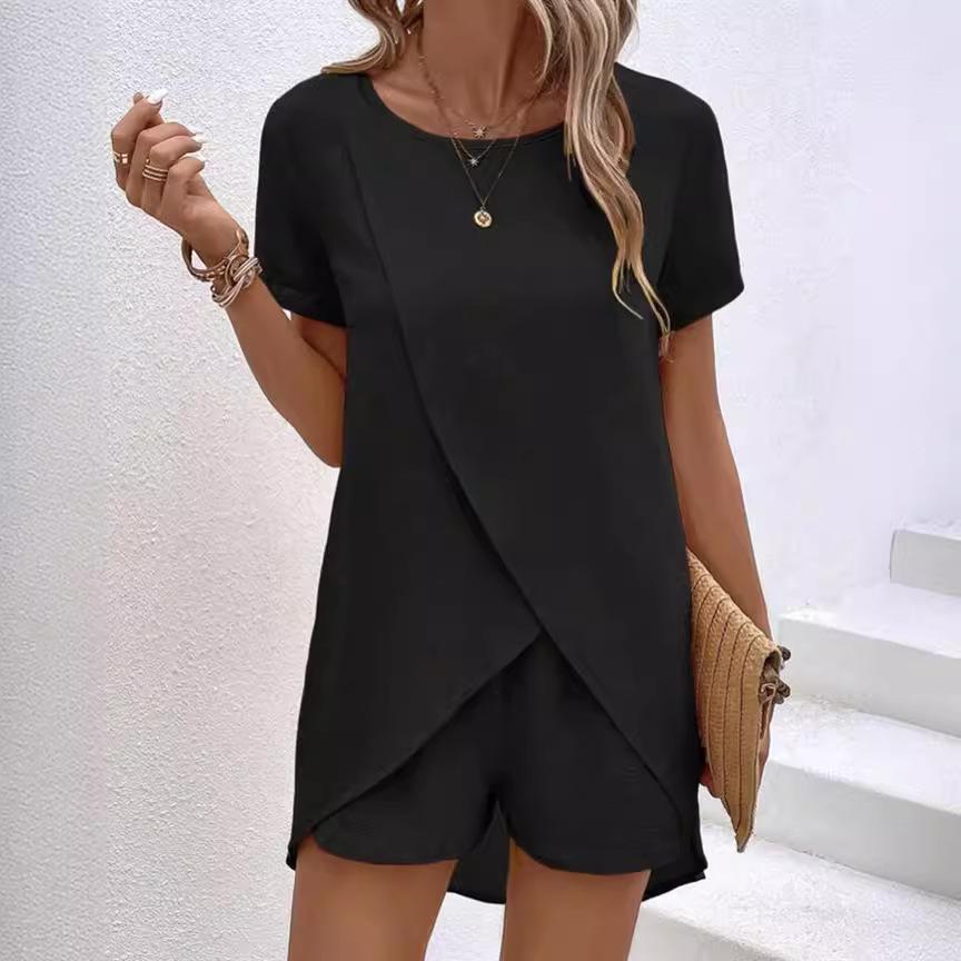 2026 Spring Summer Women's 2 Piece Set Irregular Top & Shorts Solid Color Casual Outfit