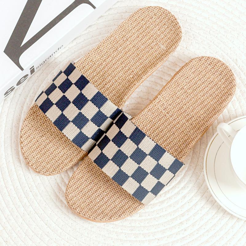 

2025 новые четырехсезонные льняные тапочки для дома с мягкой подошвой, одно слово с клетчатыми тапочками, женские тапочки корейской версии для пары 44-45 темно-синий