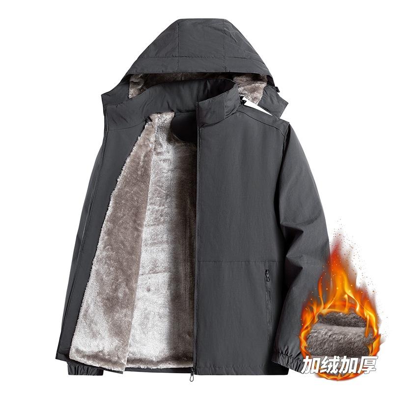 2025 Fleece Thickened Plus Size Jacket Fall and Winter Men's Middle-aged Solid Color Casual Hooded Warm Jacket Shirt Top