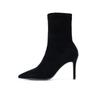 2025 Autumn and Winter New Short Boots Women's High Heel Thin Heel Pointed Black Elastic Thin Boots Versatile Internet Celebrity Medium Single Boots