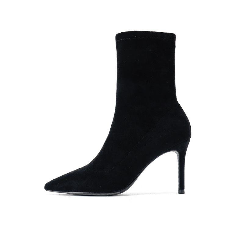 2025 Autumn and Winter New Short Boots Women's High Heel Thin Heel Pointed Black Elastic Thin Boots Versatile Internet Celebrity Medium Single Boots