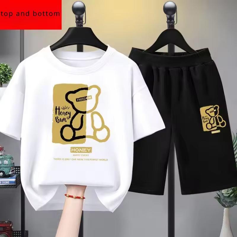Sommar Baby Pojke Klädset Barn Flickor Tecknad Björn Tryckta T-shirts och Shorts 2-delars Kostym Barn Vardaglig Topp Underdel Träningskläder