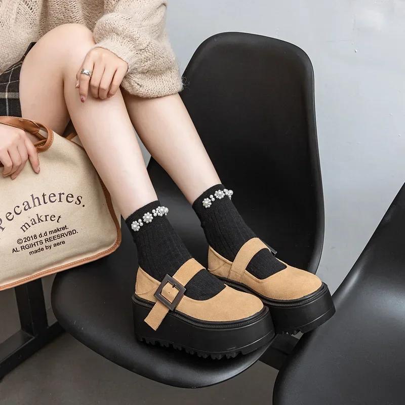 Fashion 8CM New Genuine Leather Designer Platform Wedge Round Toe Pumps Spring Summer Flats Hook Women Fashion Mary Jane Loafer Shoes