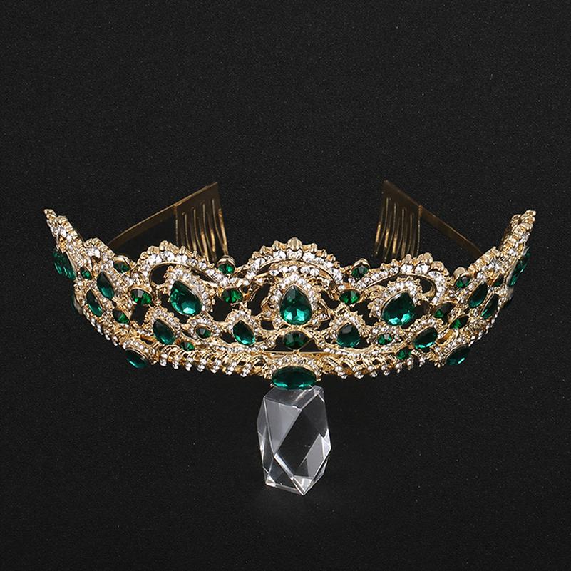 European Drop Green Red Crystal Tiaras Vintage Gold Color Rhinestone Pageant Crowns Comb Baroque Wedding Hair Accessories