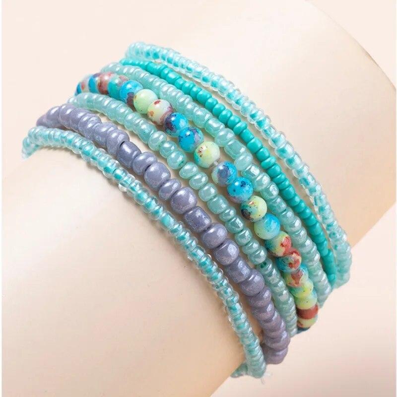 Conjunto de Pulseiras de Contas de Arroz Boho para Mulheres Multicamadas Tecidas à Mão Pulseira de Contas de Cristal Joias para Festa de Verão Presentes de Amizade