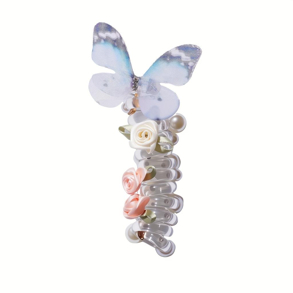 Vintage Schmetterling Telefonkabel Haargummis für Damen - Hohe Elastizität, Knitterfreie Spiral-Pferdeschwanzhalter mit Blumen & Perlen, Schmetterling Haargummi
