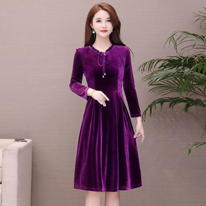 

Autumn and winter large size catty golden velvet dress female mother dress loose and thin retro temperament A word bottom skirt 6xl [recommended 93-102.5kg ] фіолетовий