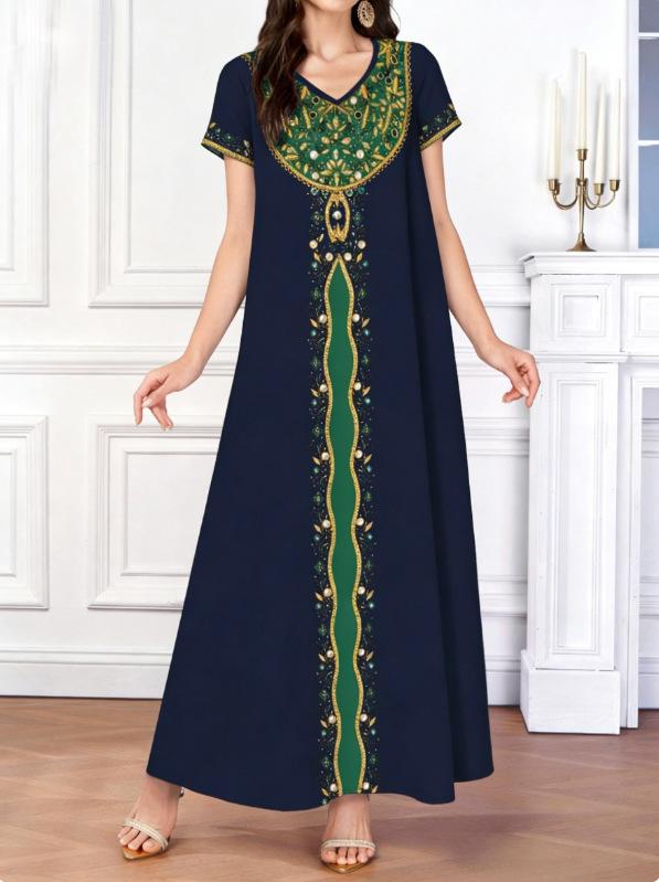 Summer Fashion Casual European Style Short Sleeve Print Maxi Dress Women Clothing M зелёный