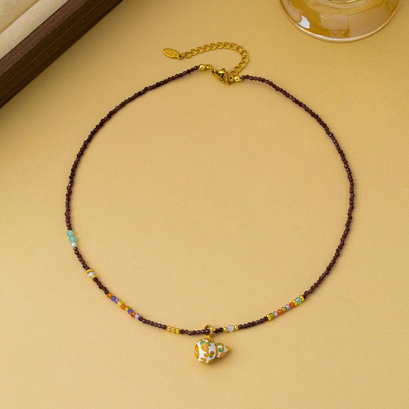 Original new Chinese fashion retro color oil drop enamel beaded gourd necklace versatile high sense collarbone chain women