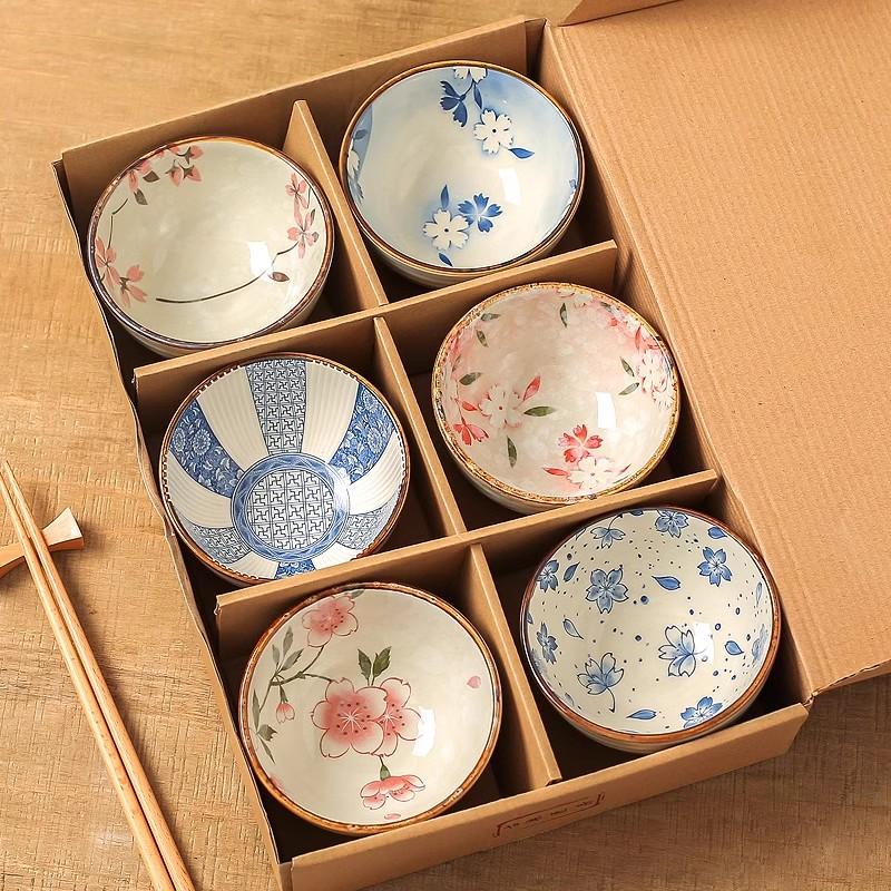 6pcs Japanese Ceramic Cereal Bowl Set Dessert Salad Snack Bowl Kitchen Noodle Bowl Tableware Set Microwave Safe Gift Box