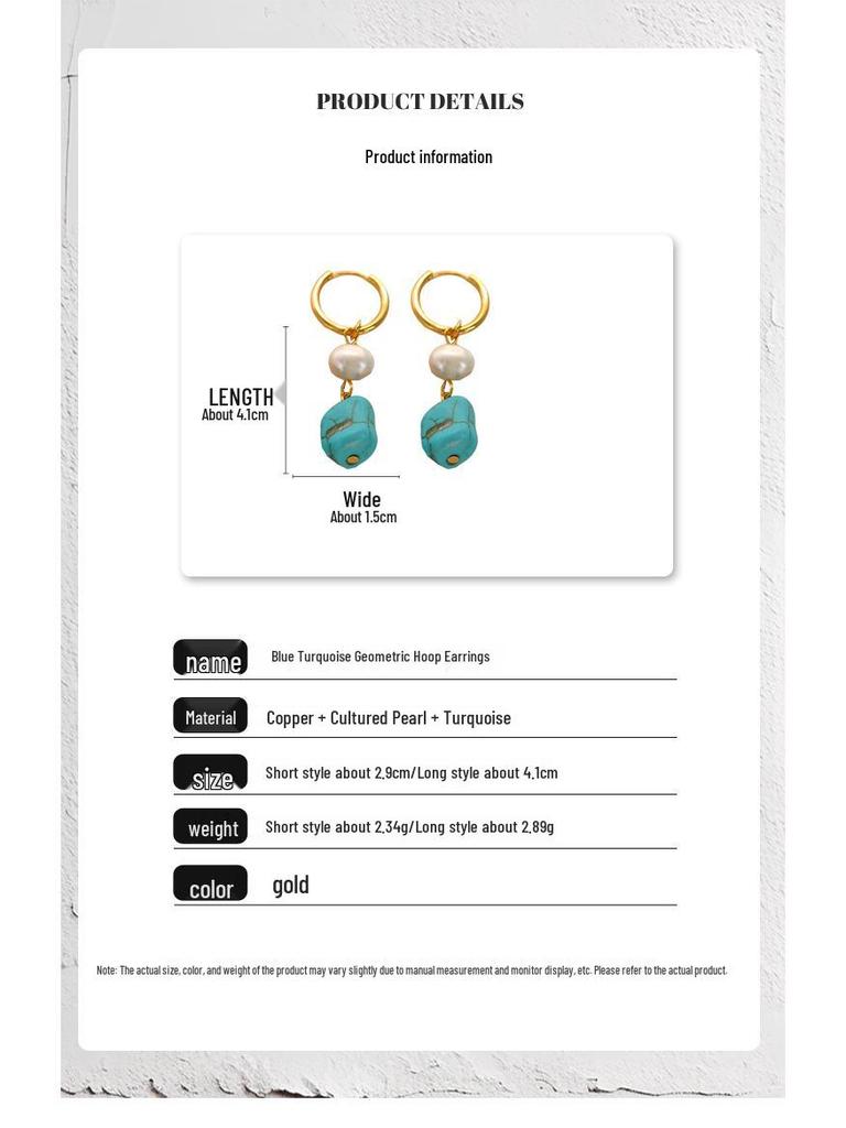 High-End Irregular Blue Turquoise and Cultured Pearl Ear Cuffs - Fashionable Temperament Jewelry
