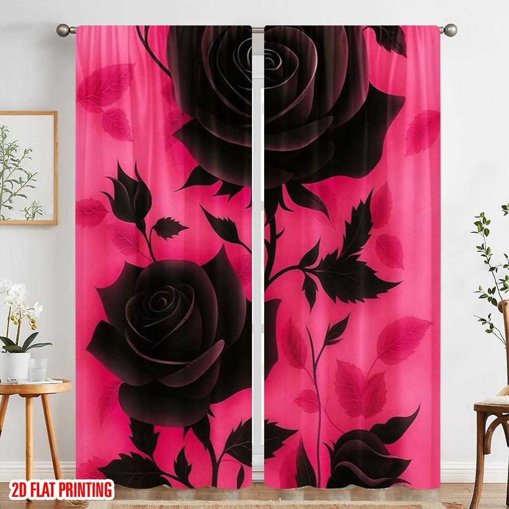 2pcs,2D Plane Printing Popular Curtains Dark Blooming Roses Versatile Fabric (without Rod) Festive for Bedroom Living Room Study