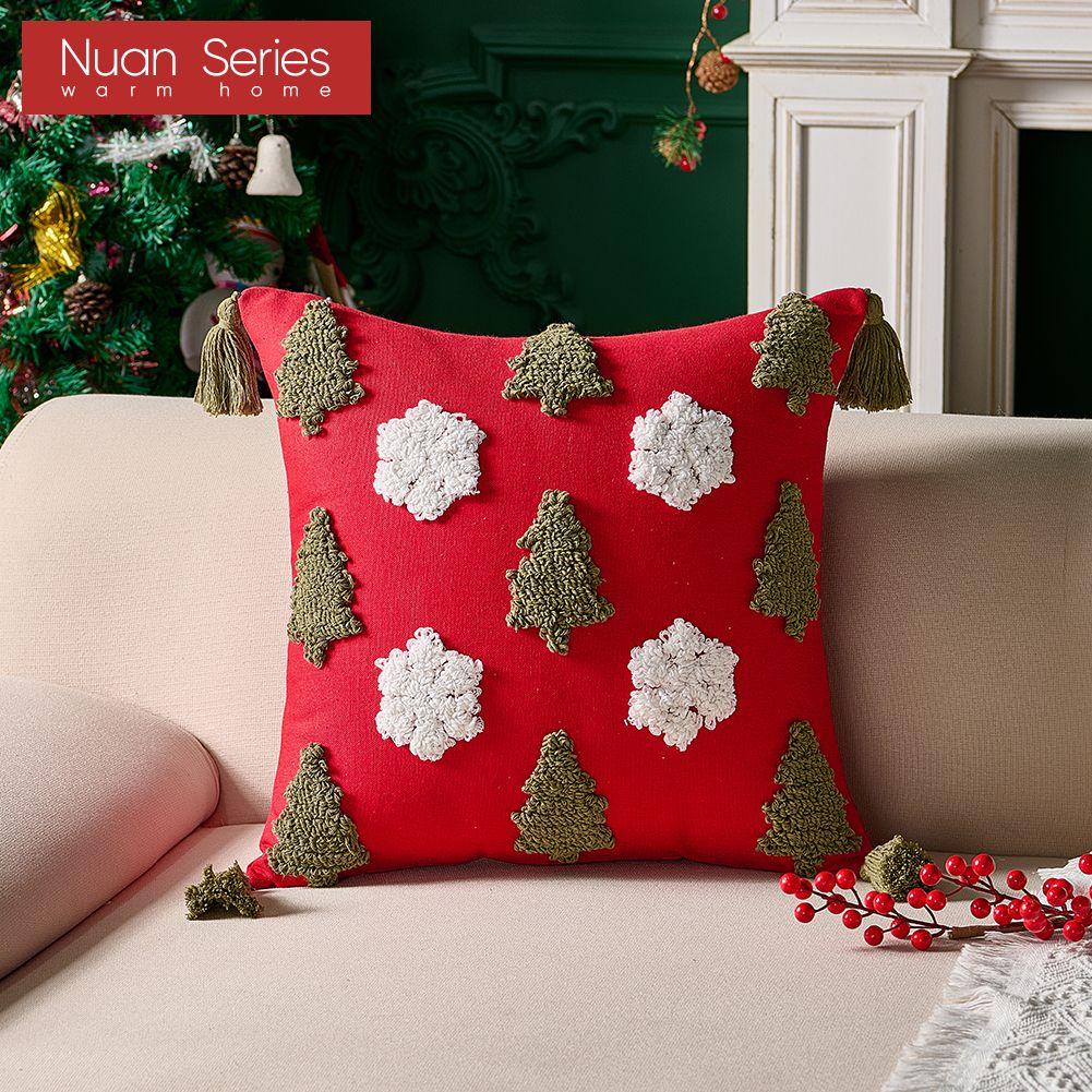 1PC Nuan Series Fashionable and Versatile Christmas Style Red Pillowcase Plush Embroidery Soft Cushion Cover for Sofa Living Room Bedroom Home Decor