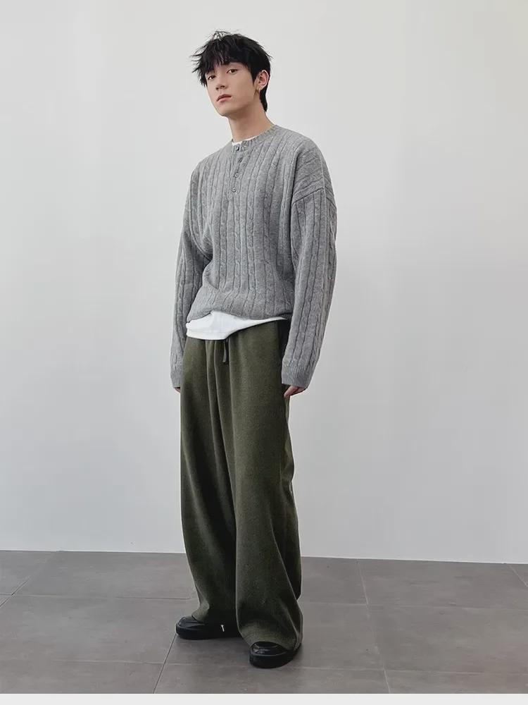 Men's Korean Style High-End Henley Collar Sweater - Heavy Woven, Twisted Knit, Loose Fit for Spring & Autumn