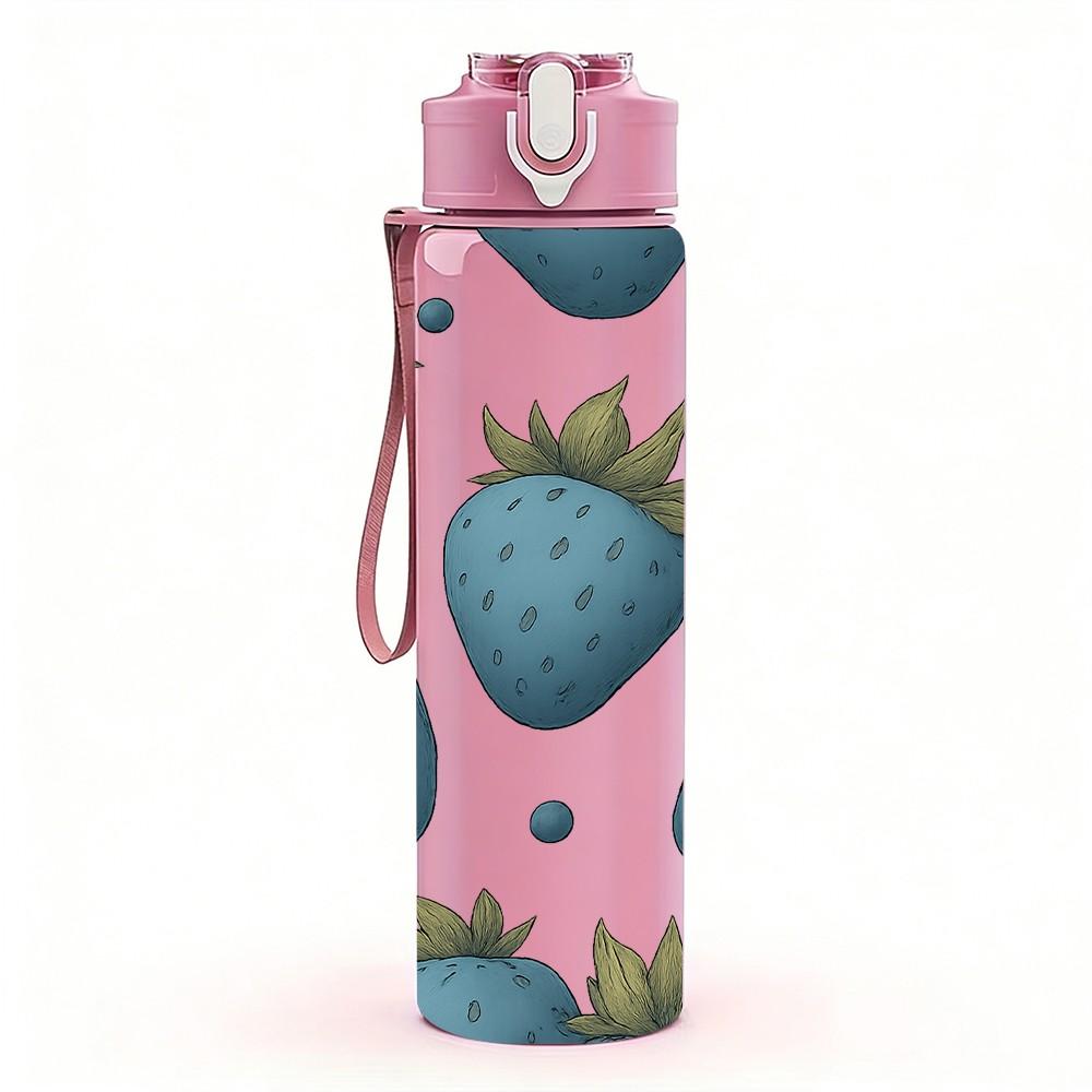 1PC Repeating Blue Strawberry Grid 750ml Color Plastic Sports Water Bottle Leakproof Flip Straw Lid For Sports Office Home Use